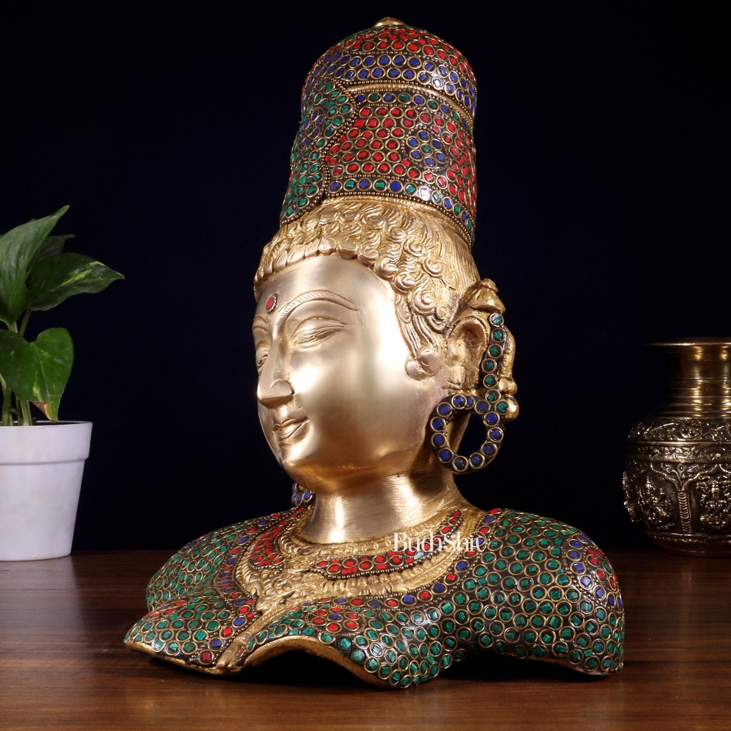 Brass Parvati face Bust table accent 12" stonework - Budhshiv.com