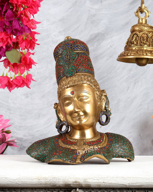 Brass Parvati face Bust table accent 12" stonework - Budhshiv.com