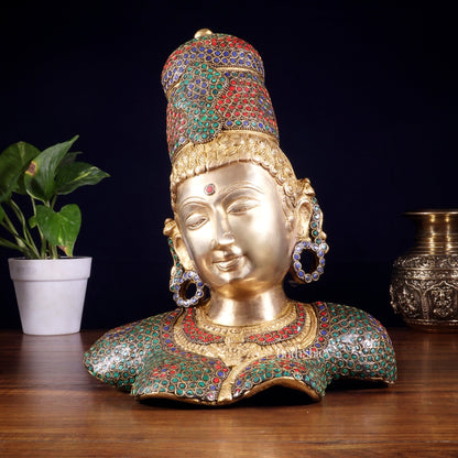 Brass Parvati face Bust table accent 12" stonework - Budhshiv.com