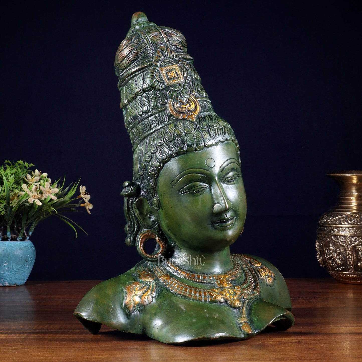 Brass Parvati face Bust table accent 12" vintage green - Budhshiv.com