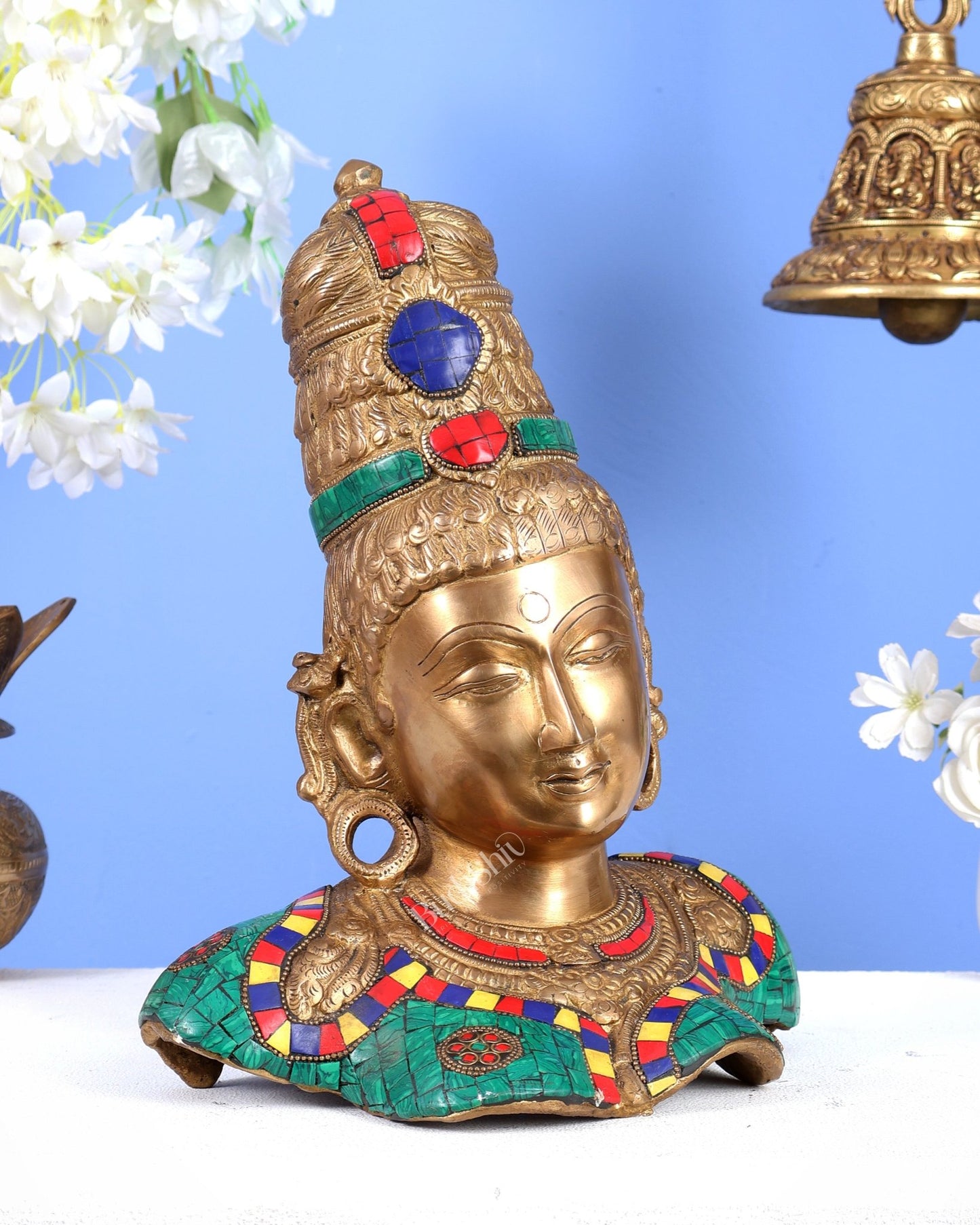 Brass Parvati Face Bust table accent 12" with stonework - Budhshiv.com