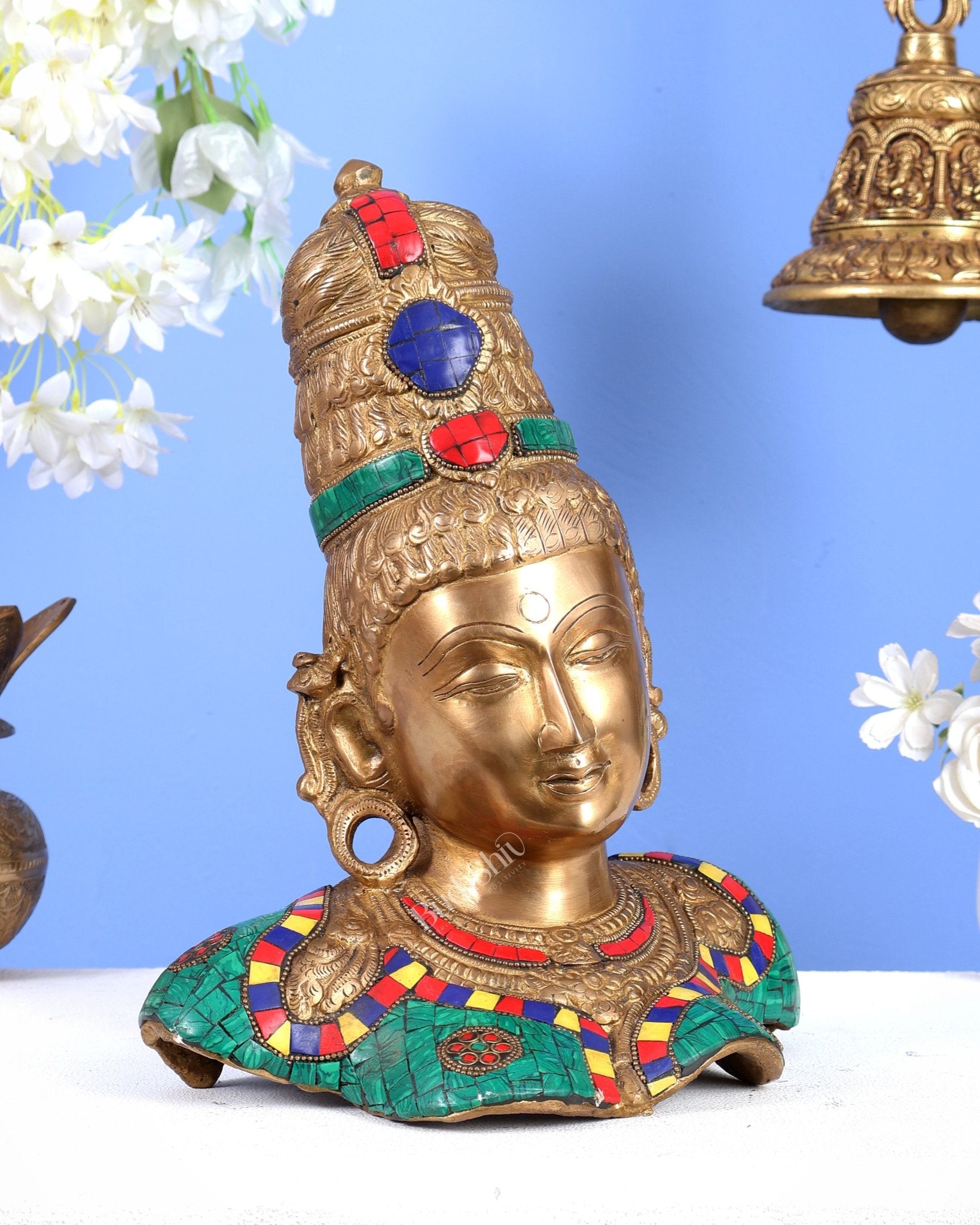 Brass Parvati Face Bust table accent 12" with stonework - Budhshiv.com