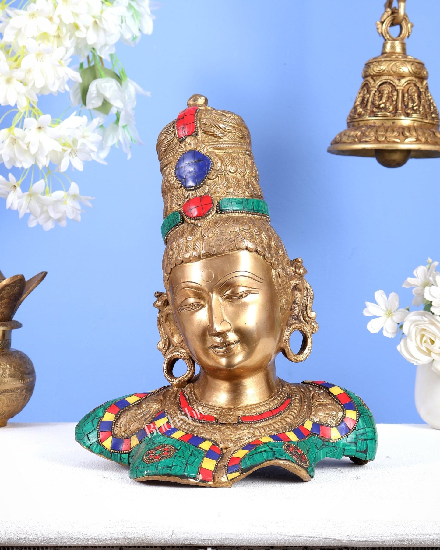 Brass Parvati Face Bust table accent 12" with stonework - Budhshiv.com
