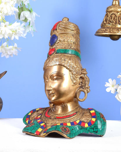 Brass Parvati Face Bust table accent 12" with stonework - Budhshiv.com