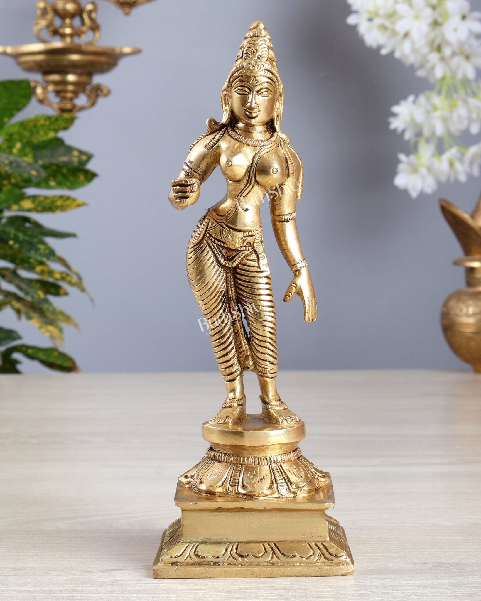 Brass Parvati Standing – Bhoga Shakti Uma Devi Superfine Idol 9 inch - Budhshiv.com