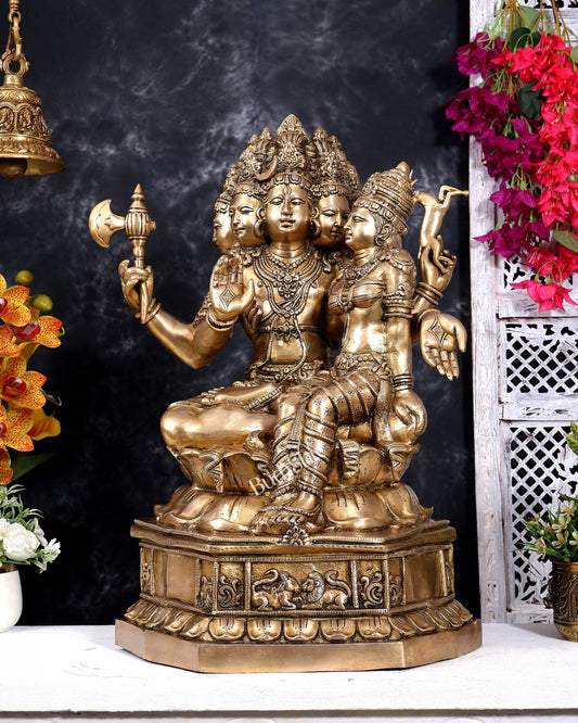 Brass Pashupatinath Sadashiv with Parvati — Chola-Inspired Sculpture 24 inch - Budhshiv.com