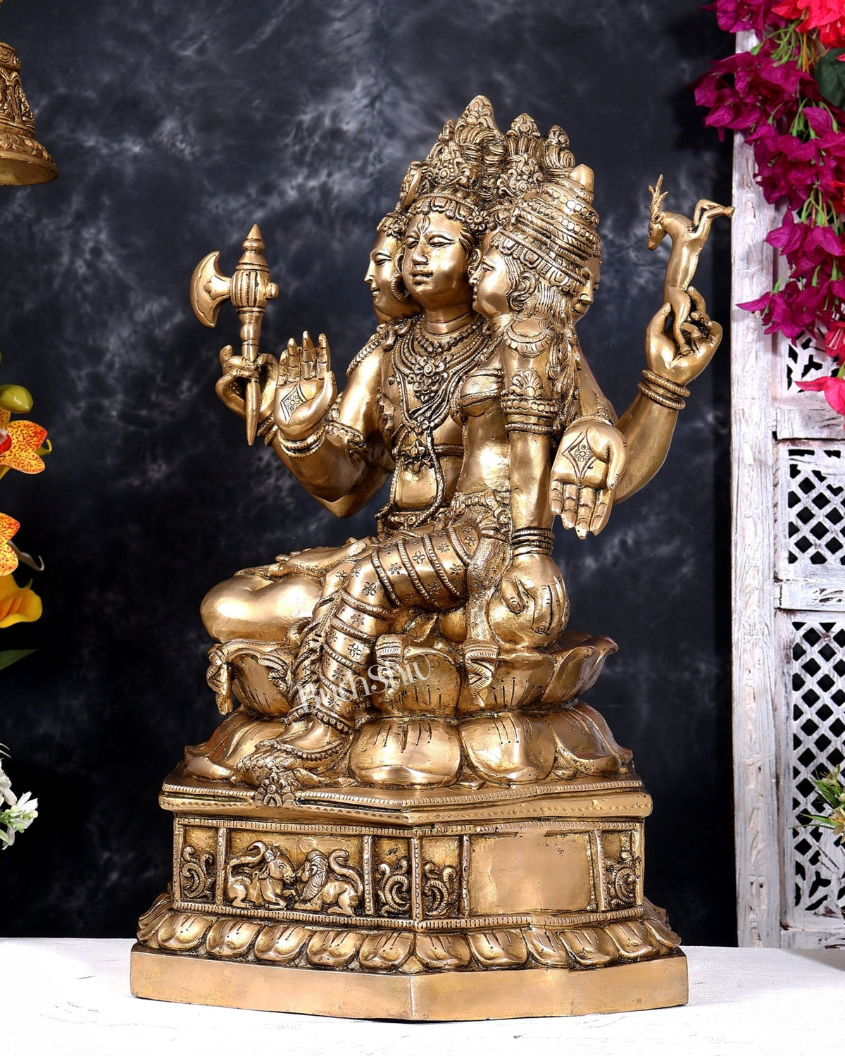 Brass Pashupatinath Sadashiv with Parvati — Chola-Inspired Sculpture 24 inch - Budhshiv.com