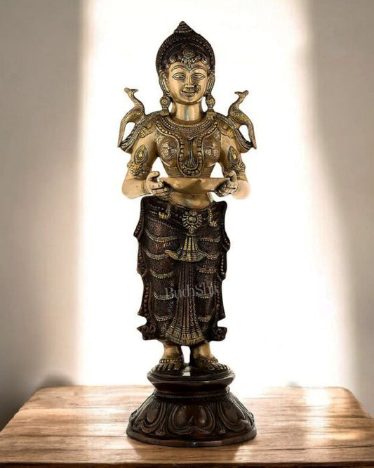 Brass Pavaai Vilakku Deep Lady Statue – 30.5" x 10" x 9.5" | Handcrafted Dual - Tone Elegance - Budhshiv.com