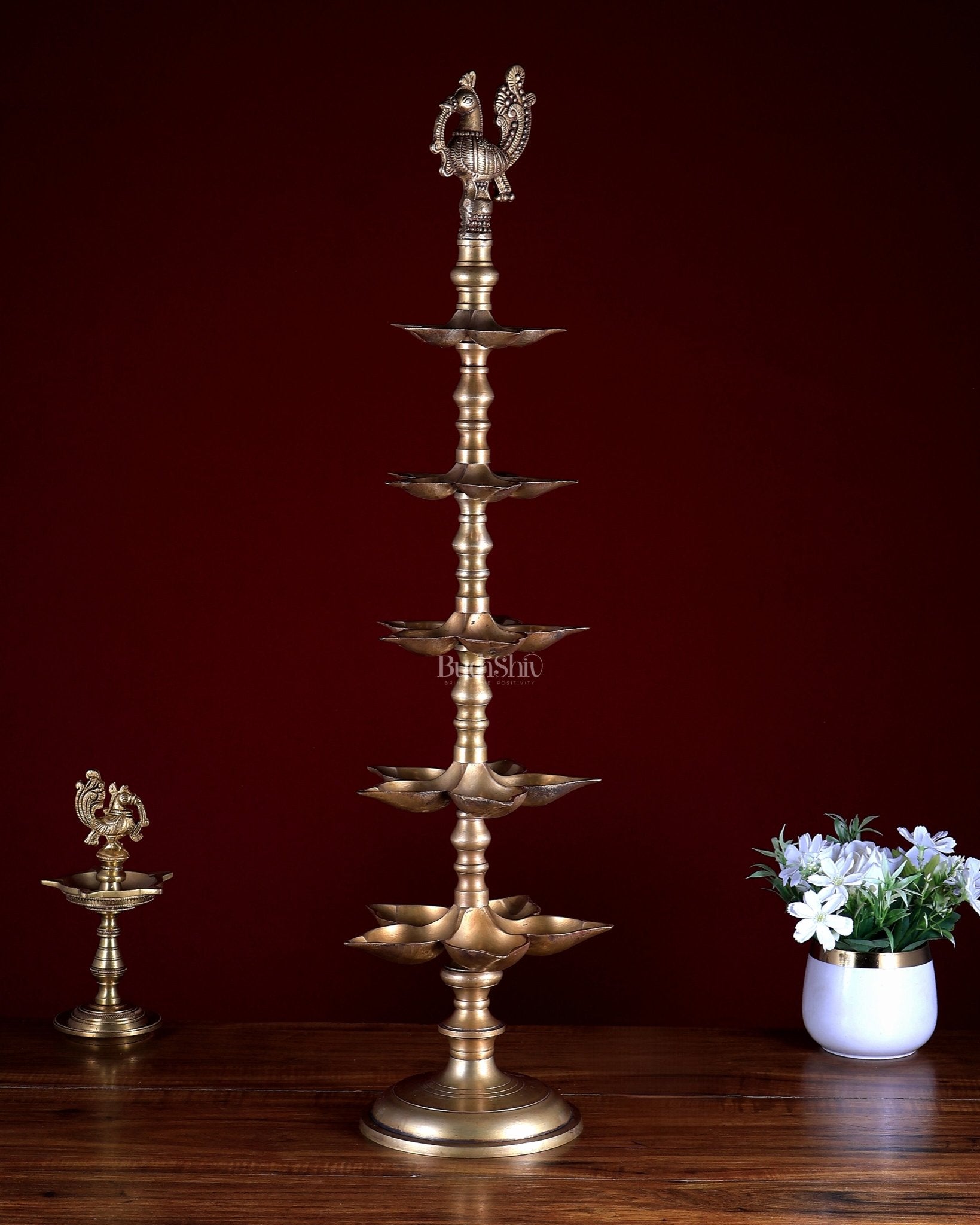 Brass Peacock Annam Pakshi Lamp Diya | Multi - Tier | Antique Gold | inauguration lamp 29 inch - Budhshiv.com