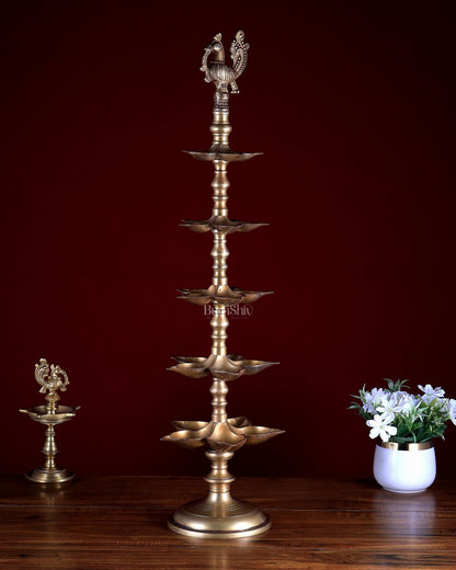 Brass Peacock Annam Pakshi Lamp Diya | Multi - Tier | Antique Gold | inauguration lamp 29 inch - Budhshiv.com