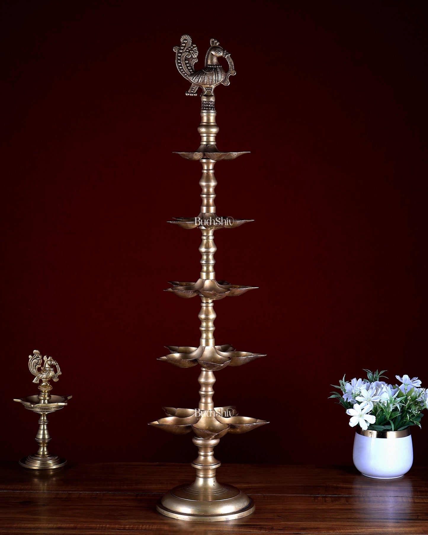 Brass Peacock Annam Pakshi Lamp Diya | Multi - Tier | Antique Gold | inauguration lamp 29 inch - Budhshiv.com