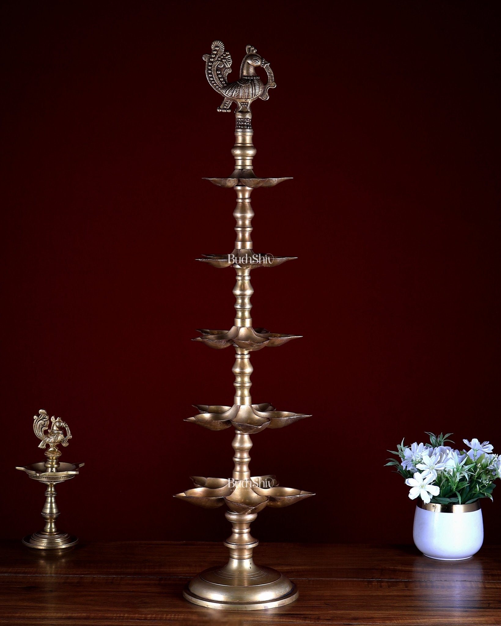 Brass Peacock Annam Pakshi Lamp Diya | Multi - Tier | Antique Gold | inauguration lamp 29 inch - Budhshiv.com