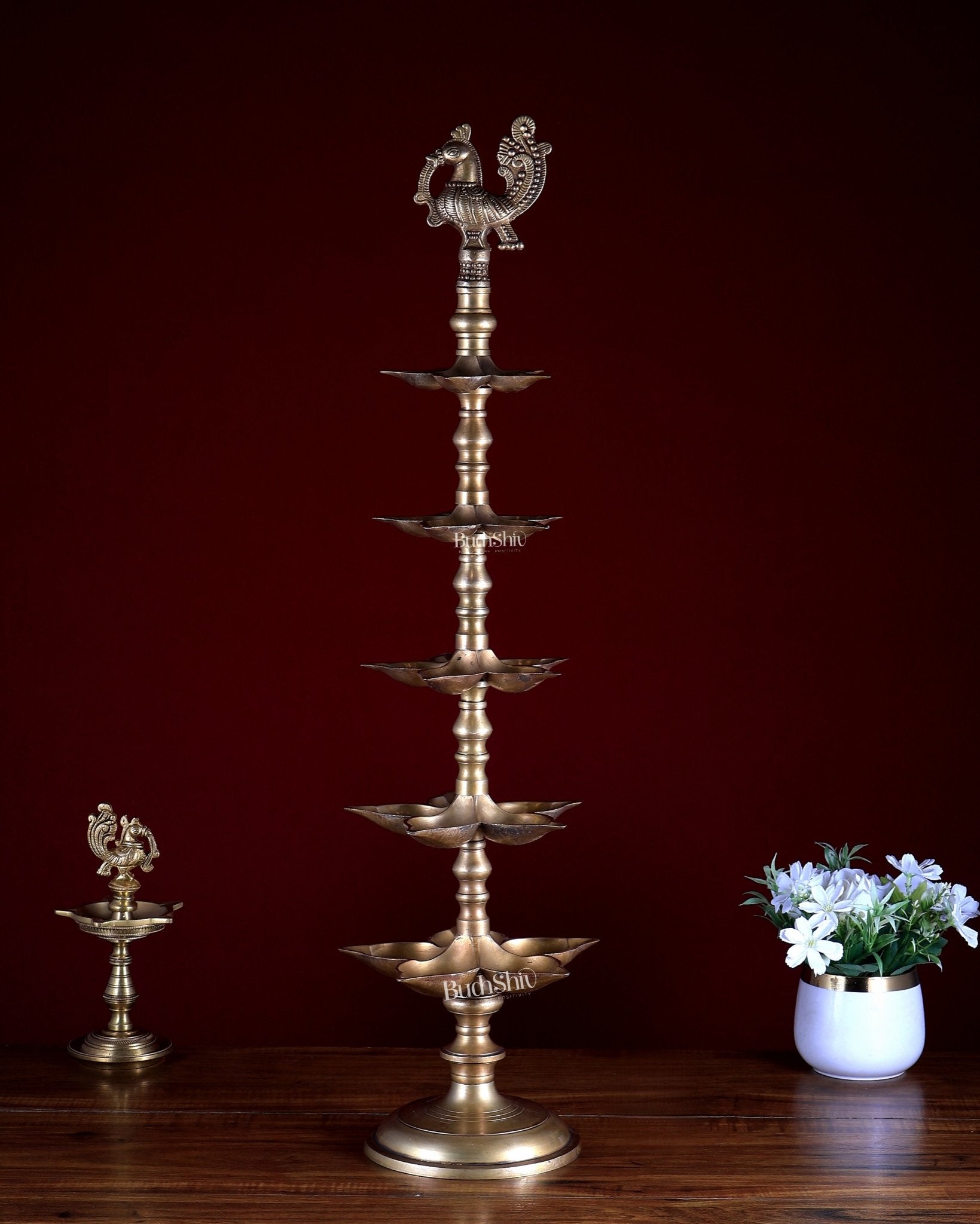 Brass Peacock Annam Pakshi Lamp Diya | Multi - Tier | Antique Gold | inauguration lamp 29 inch - Budhshiv.com