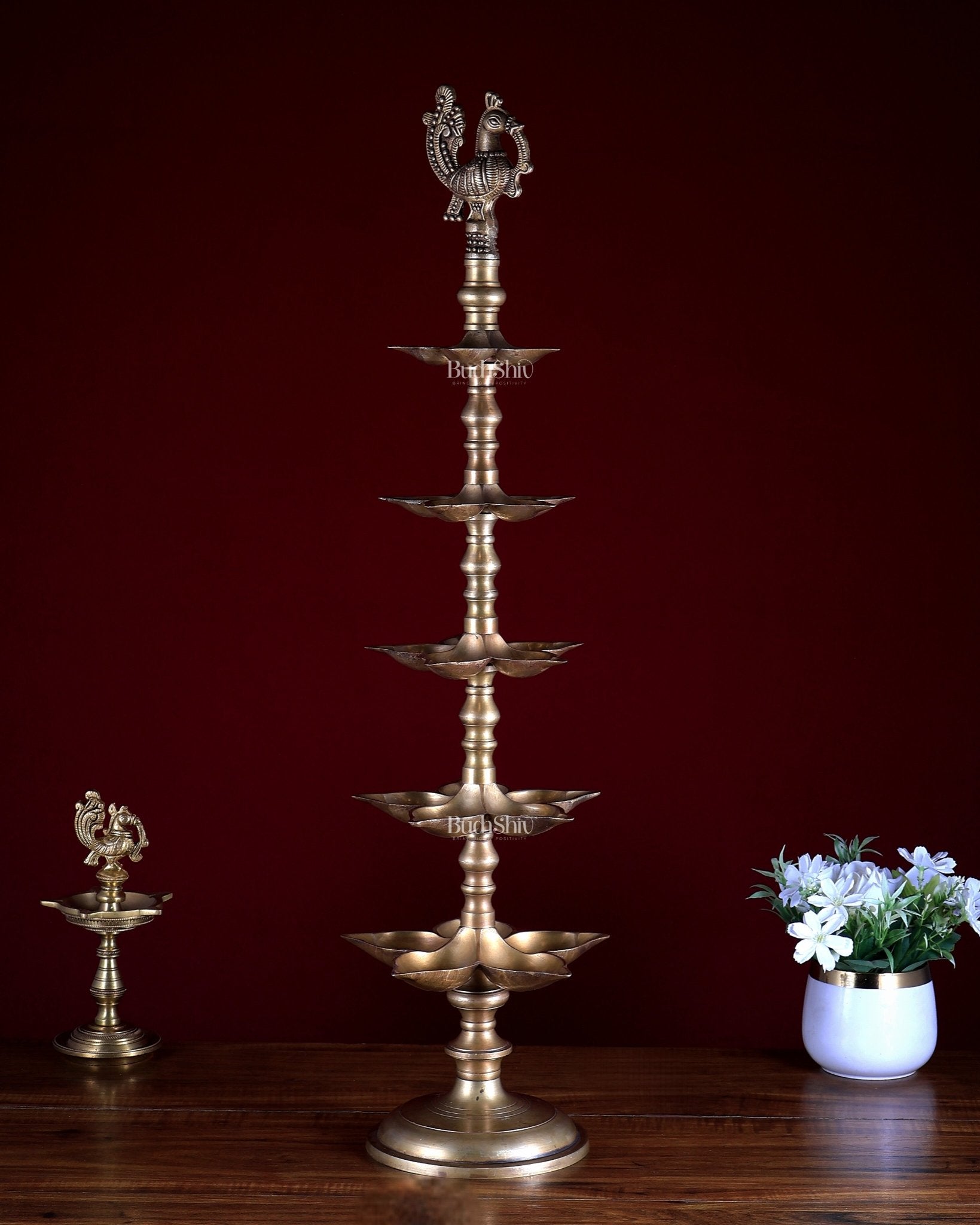 Brass Peacock Annam Pakshi Lamp Diya | Multi - Tier | Antique Gold | inauguration lamp 29 inch - Budhshiv.com