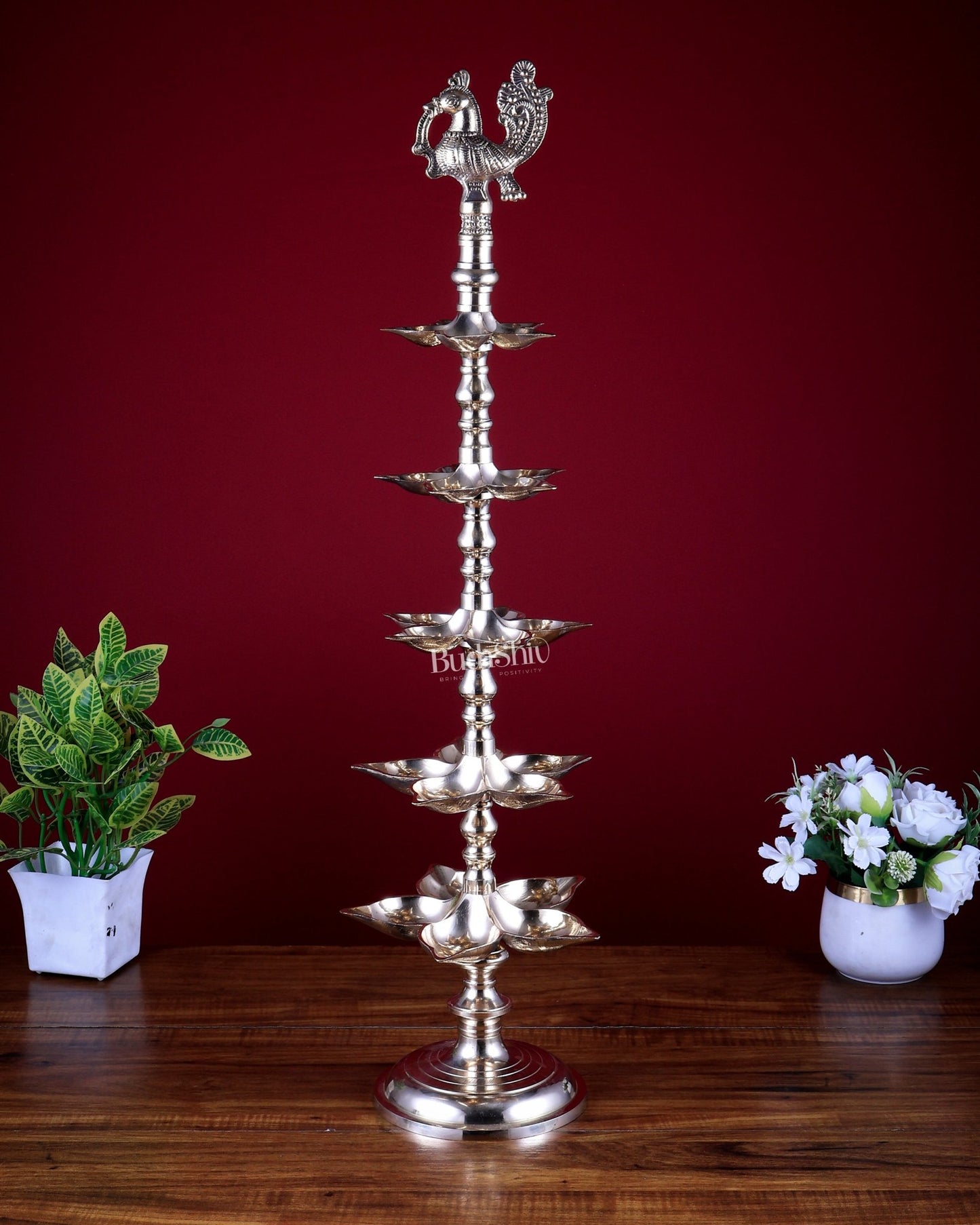 Brass Peacock Annam Pakshi Lamp Diya | Multi - Tier | glossy Gold | inauguration lamp 29 inch - Budhshiv.com