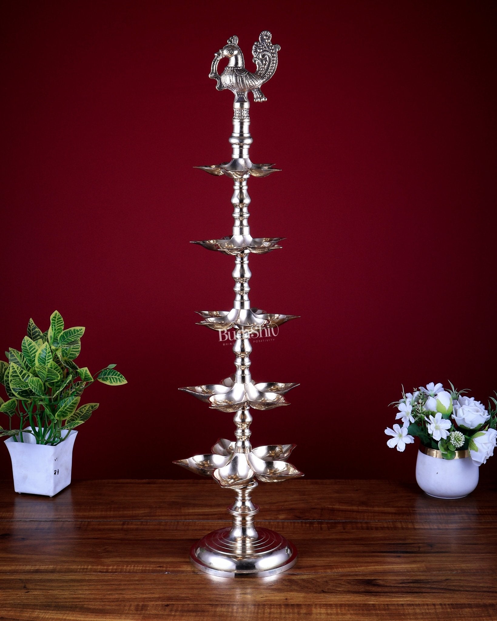 Brass Peacock Annam Pakshi Lamp Diya | Multi - Tier | glossy Gold | inauguration lamp 29 inch - Budhshiv.com