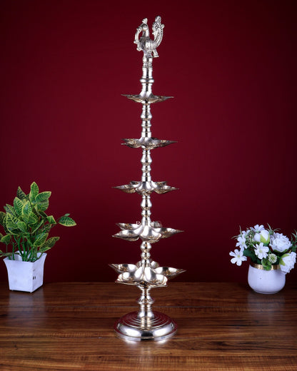 Brass Peacock Annam Pakshi Lamp Diya | Multi - Tier | glossy Gold | inauguration lamp 29 inch - Budhshiv.com