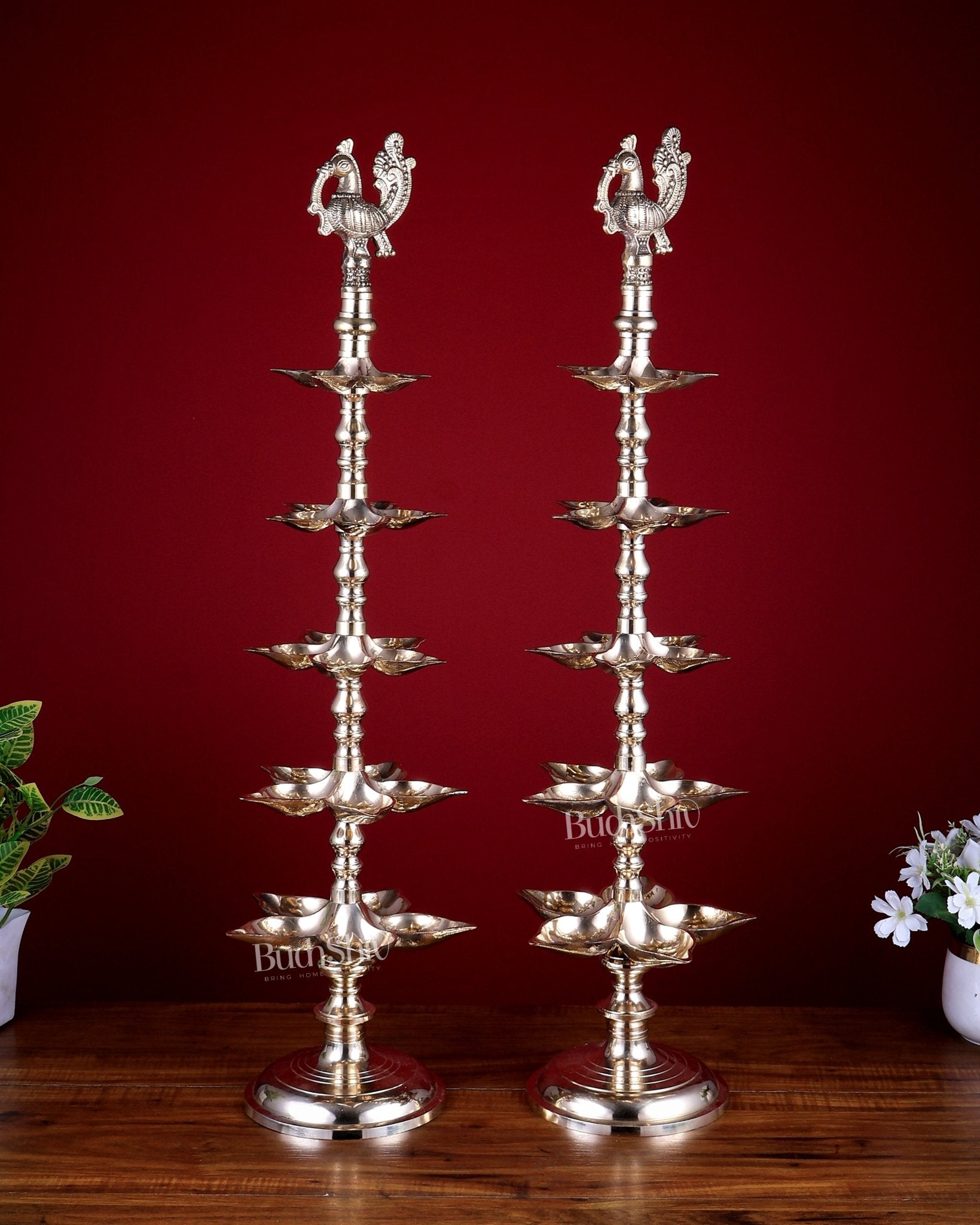 Brass Peacock Annam Pakshi Lamp Diya Pair | Multi - Tier | glossy Gold | inauguration lamp 29 inch - Budhshiv.com