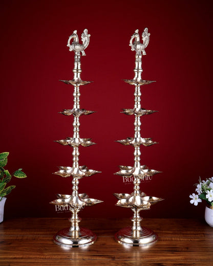 Brass Peacock Annam Pakshi Lamp Diya Pair | Multi - Tier | glossy Gold | inauguration lamp 29 inch - Budhshiv.com