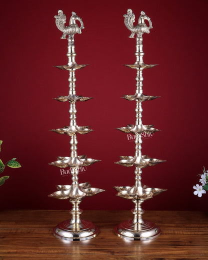 Brass Peacock Annam Pakshi Lamp Diya Pair | Multi - Tier | glossy Gold | inauguration lamp 29 inch - Budhshiv.com