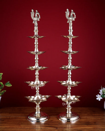 Brass Peacock Annam Pakshi Lamp Diya Pair | Multi - Tier | glossy Gold | inauguration lamp 29 inch - Budhshiv.com