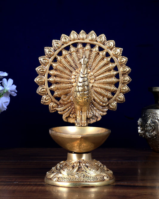 Brass Peacock Lamp Diya | Traditional Brass Deepam 9 inch - Budhshiv.com
