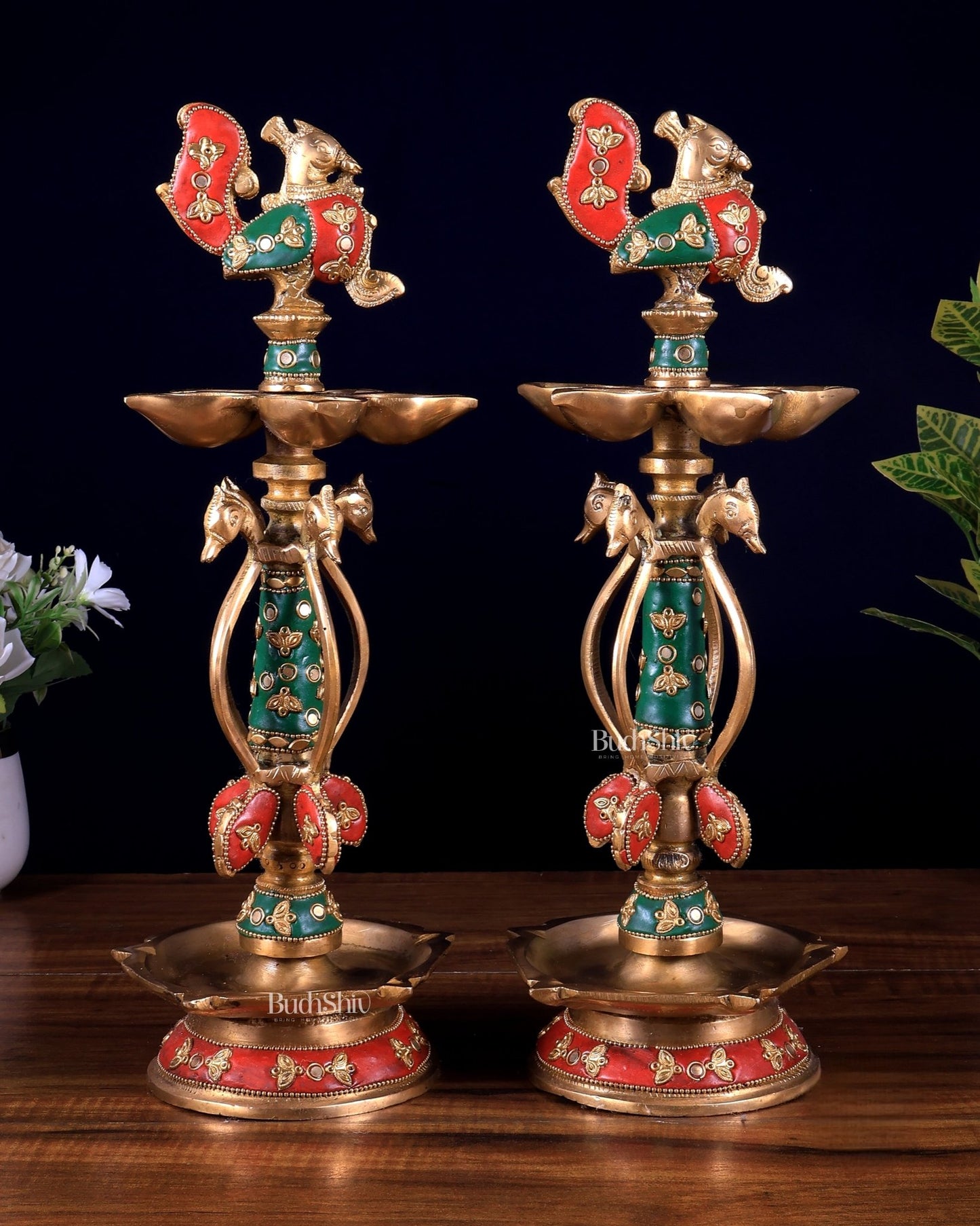 Brass peacock lamp pair with meenakari Stonework 14.5 inch - Budhshiv.com