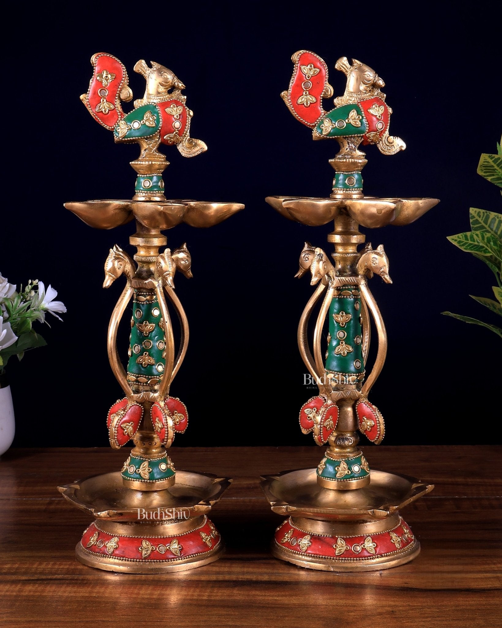 Brass peacock lamp pair with meenakari Stonework 14.5 inch - Budhshiv.com