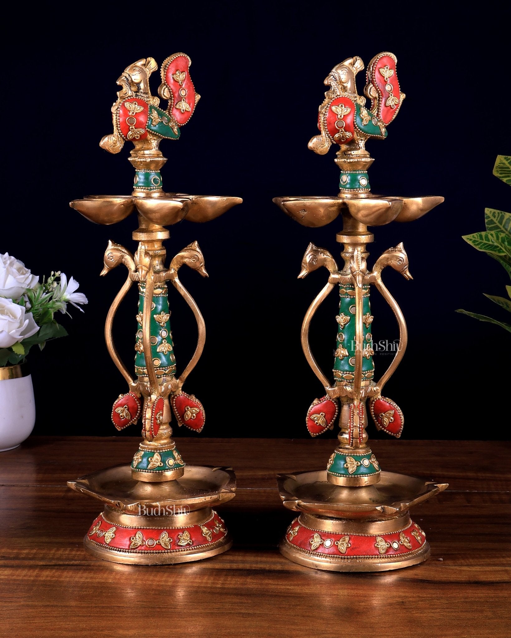 Brass peacock lamp pair with meenakari Stonework 14.5 inch - Budhshiv.com