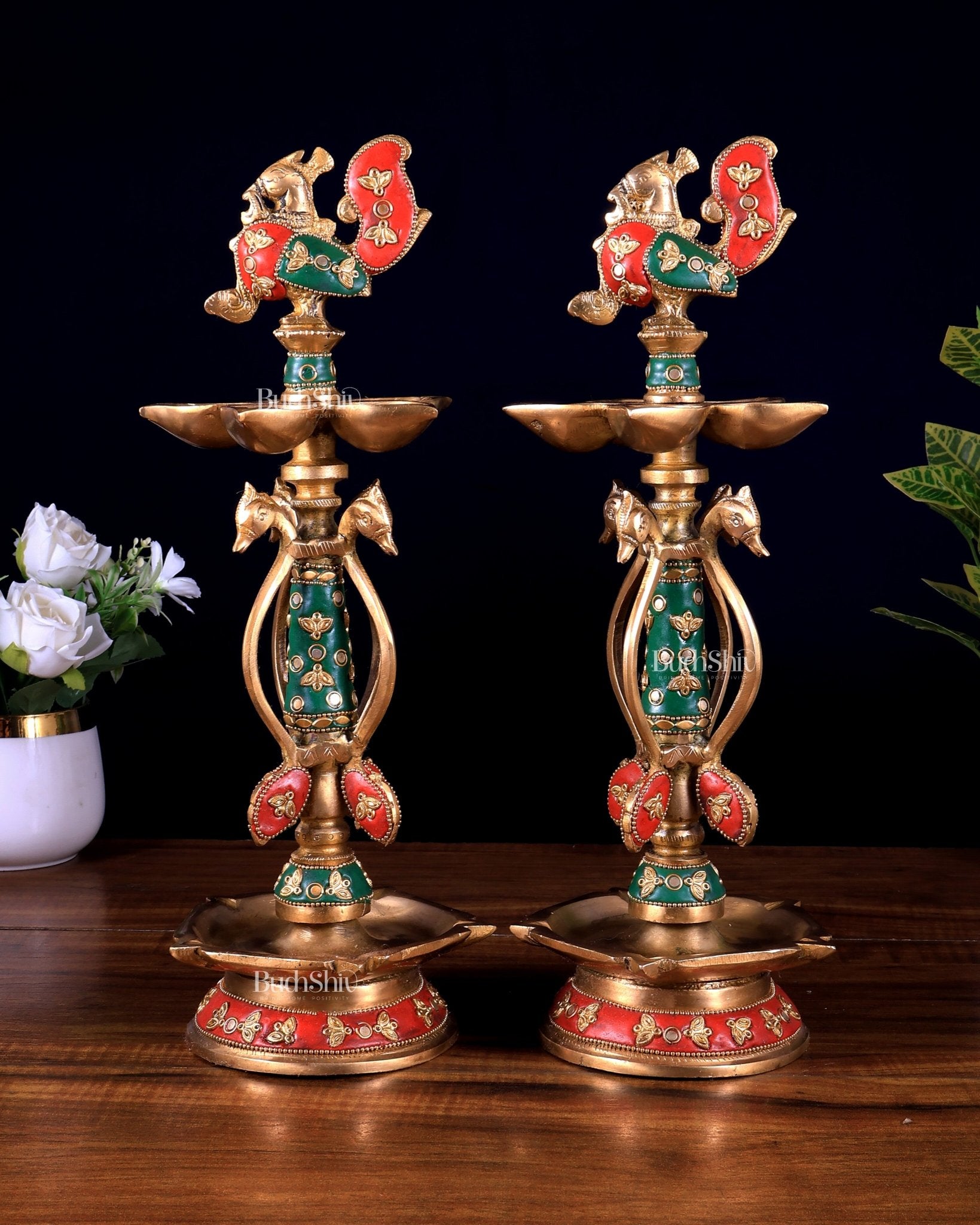 Brass peacock lamp pair with meenakari Stonework 14.5 inch - Budhshiv.com