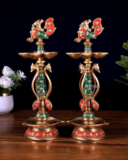 Brass peacock lamp pair with meenakari Stonework 14.5 inch - Budhshiv.com