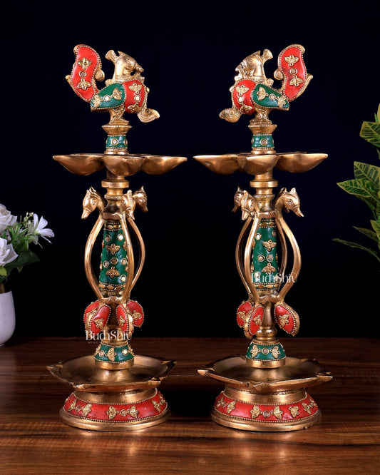 Brass peacock lamp pair with meenakari Stonework 14.5 inch - Budhshiv.com