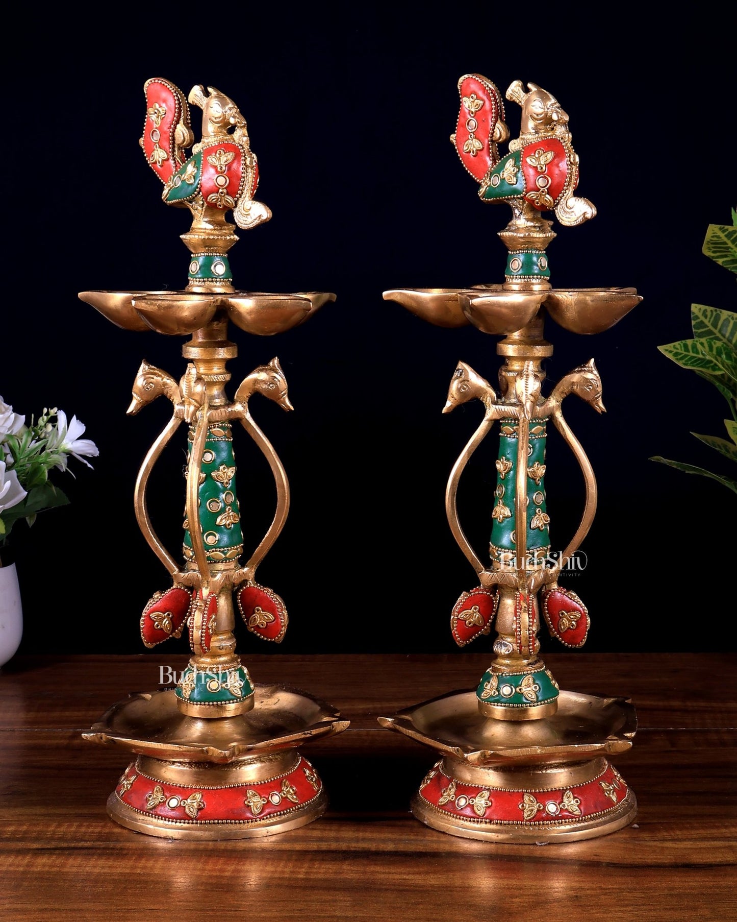 Brass peacock lamp pair with meenakari Stonework 14.5 inch - Budhshiv.com