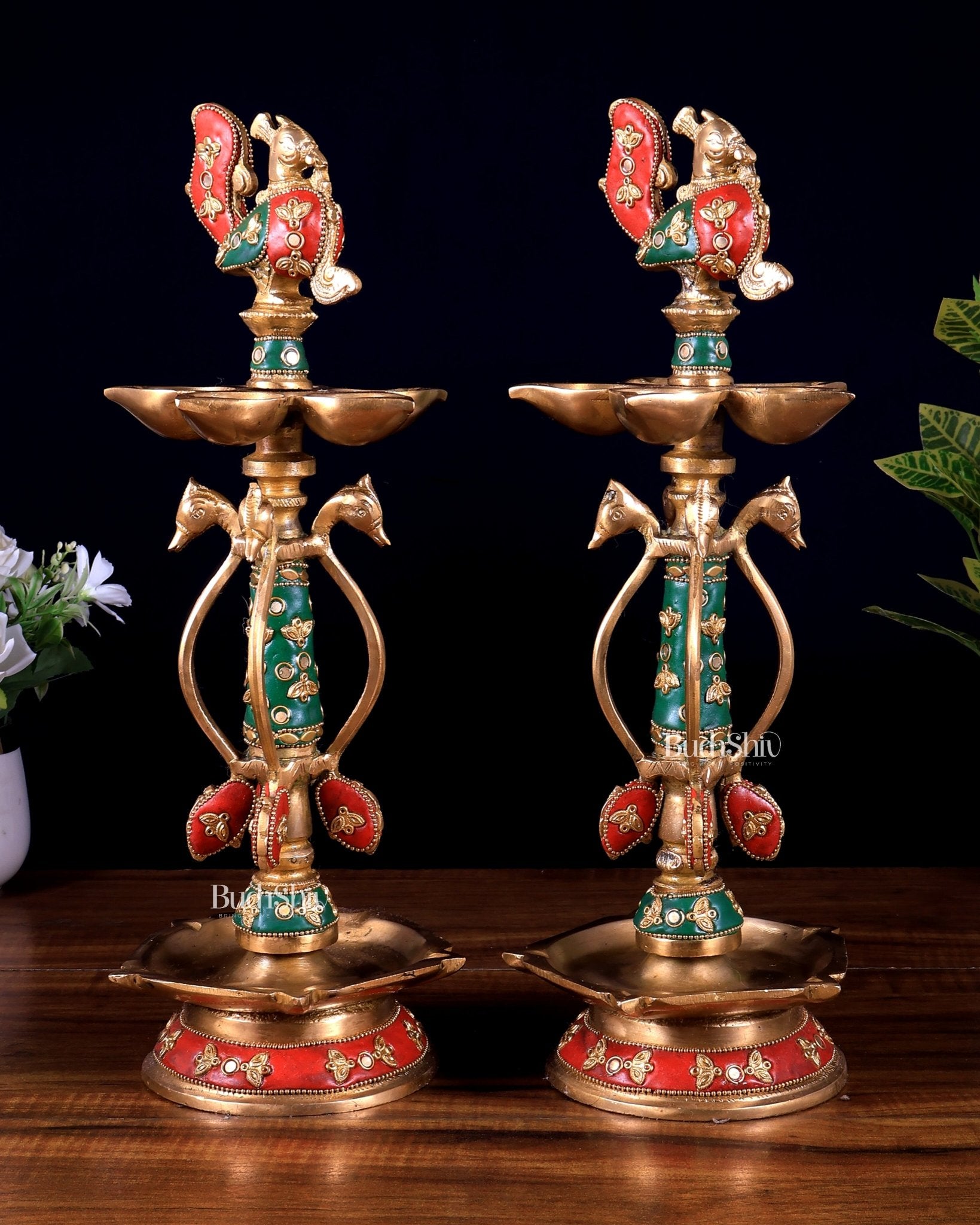 Brass peacock lamp pair with meenakari Stonework 14.5 inch - Budhshiv.com