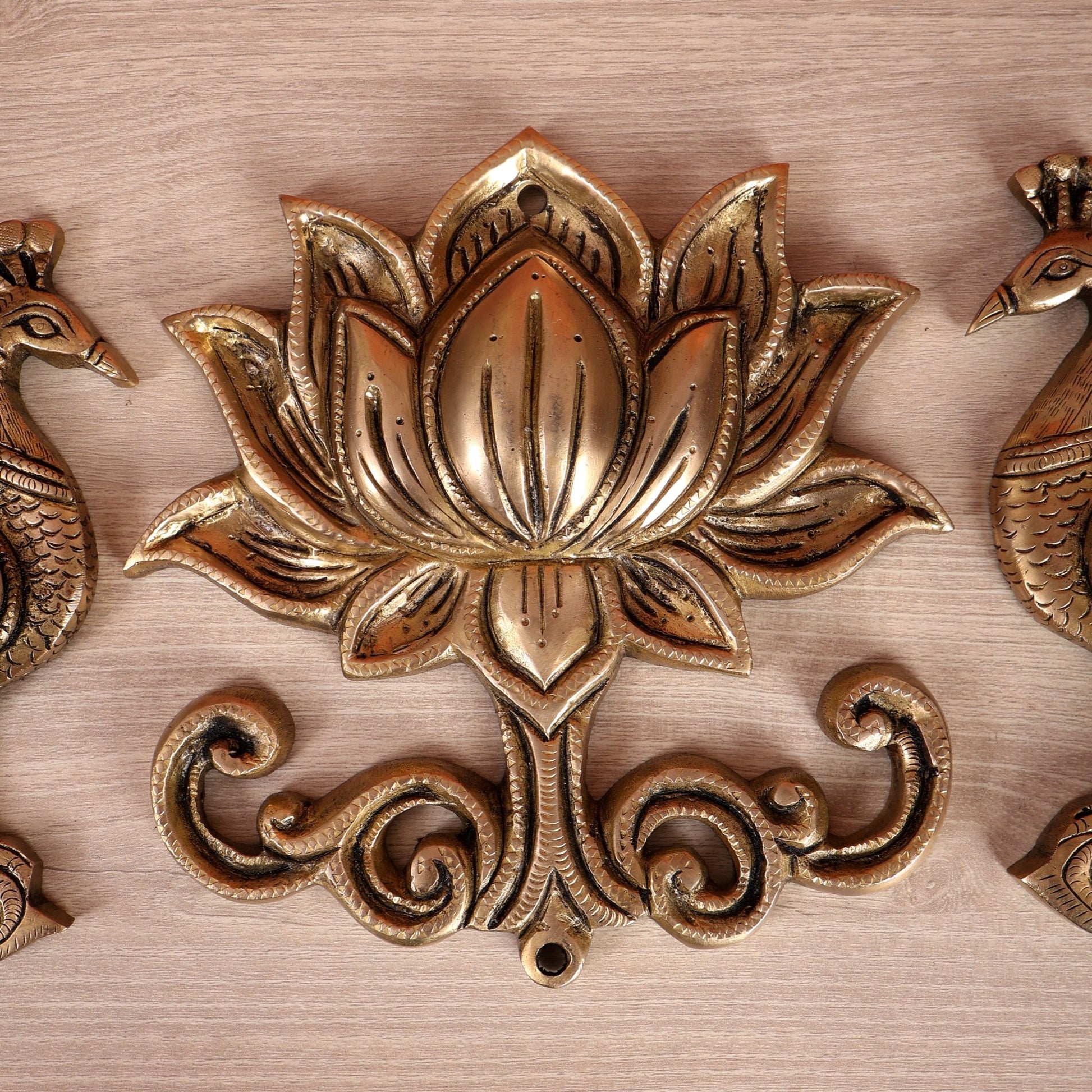 Brass Peacock & Lotus Wall Hanging Set – Traditional Decorative Wall Art (Set of 3) - Budhshiv.com
