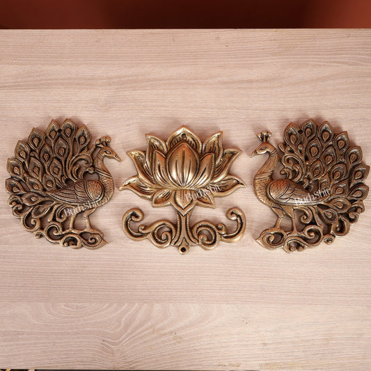 Brass Peacock & Lotus Wall Hanging Set – Traditional Decorative Wall Art (Set of 3) - Budhshiv.com