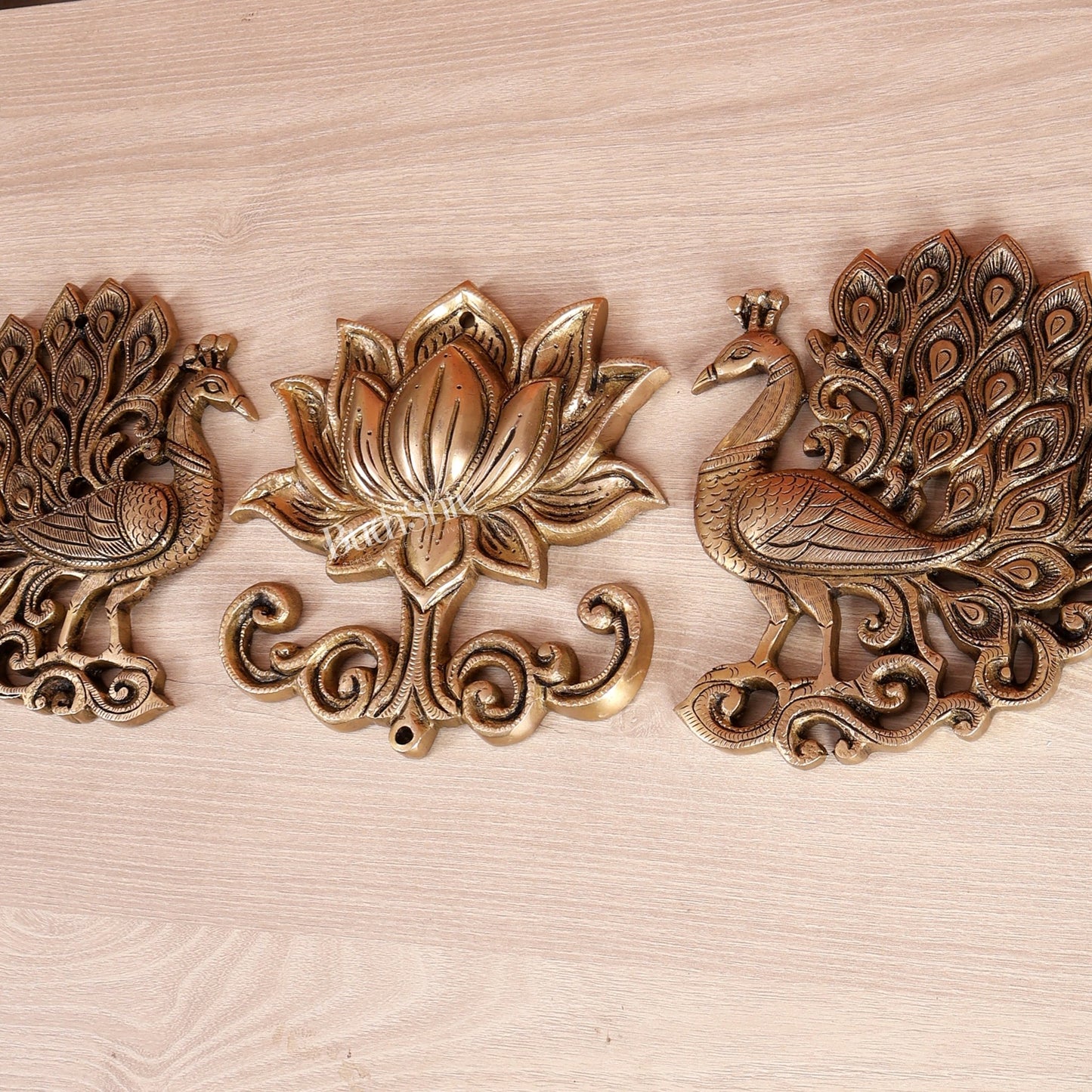 Brass Peacock & Lotus Wall Hanging Set – Traditional Decorative Wall Art (Set of 3) - Budhshiv.com