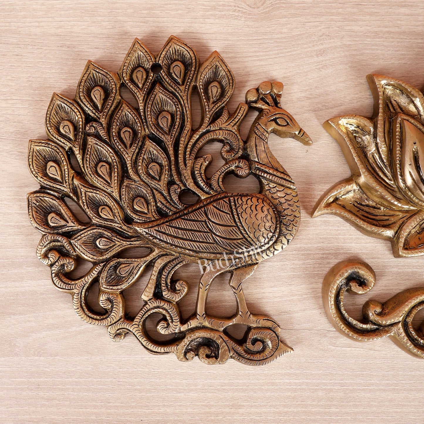 Brass Peacock & Lotus Wall Hanging Set – Traditional Decorative Wall Art (Set of 3) - Budhshiv.com
