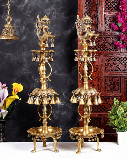 Brass Peacock Oil Lamp with Bells & Multiple Diyas Pair – Grand Traditional Temple Samai Deepam 34 inch - Budhshiv.com