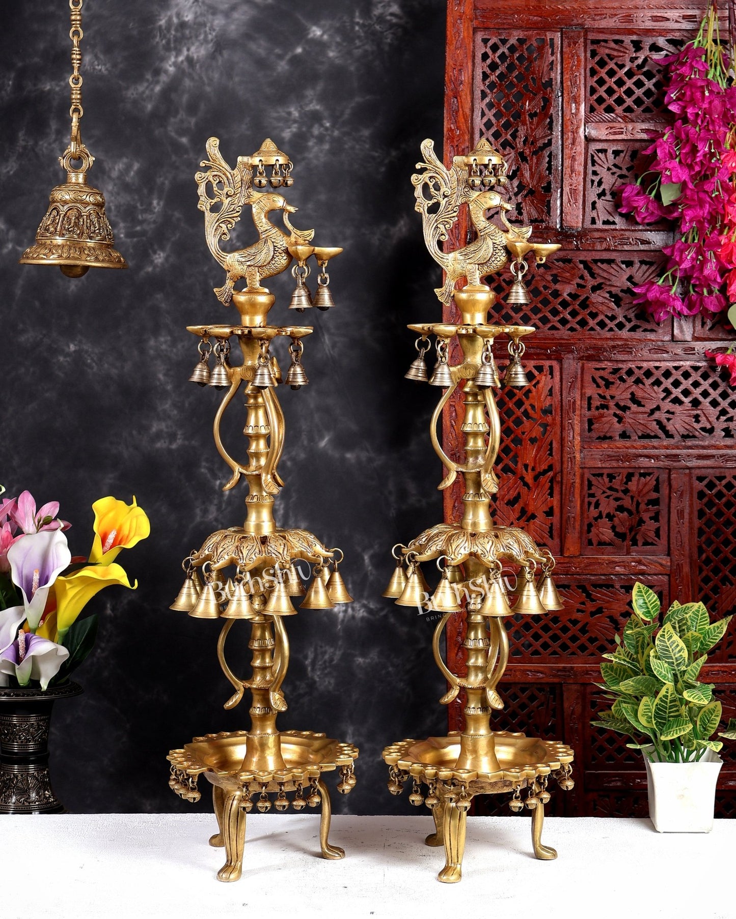 Brass Peacock Oil Lamp with Bells & Multiple Diyas Pair – Grand Traditional Temple Samai Deepam 34 inch - Budhshiv.com