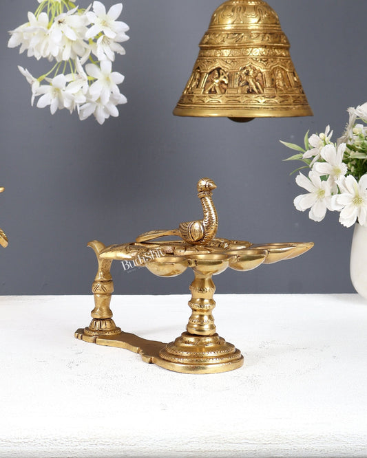 Brass Peacock Panchdeep Aarti Diya with Handle for Pooja | 5.5 x 8" - Budhshiv.com