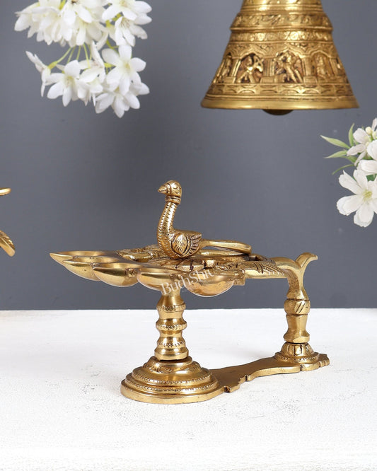 Brass Peacock Panchdeep Aarti Diya with Handle for Pooja | 5.5 x 8" - Budhshiv.com