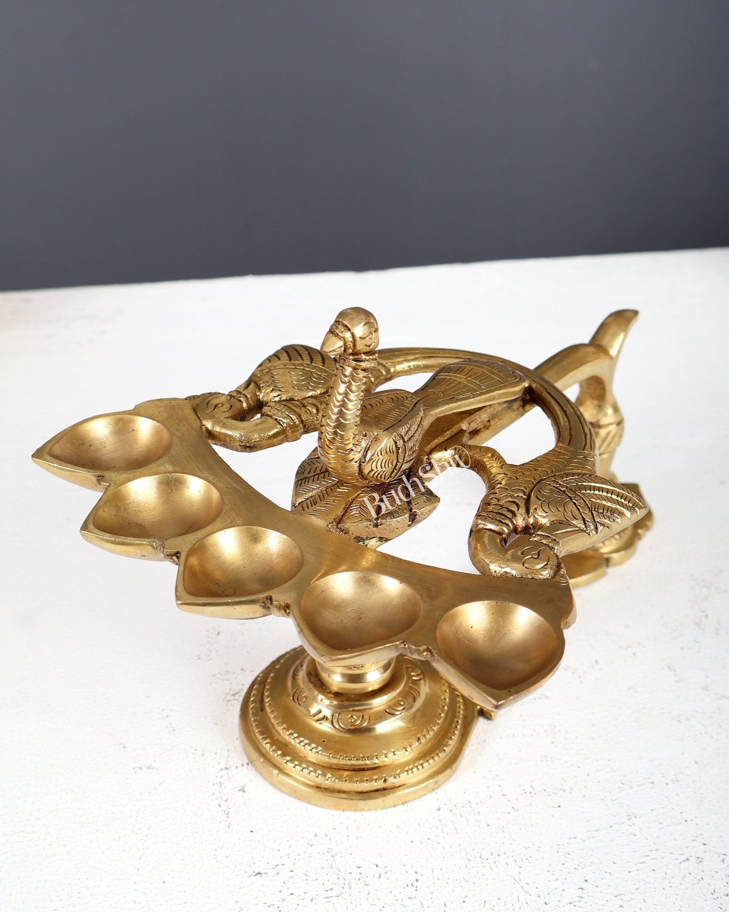 Brass Peacock Panchdeep Aarti Diya with Handle for Pooja | 5.5 x 8" - Budhshiv.com
