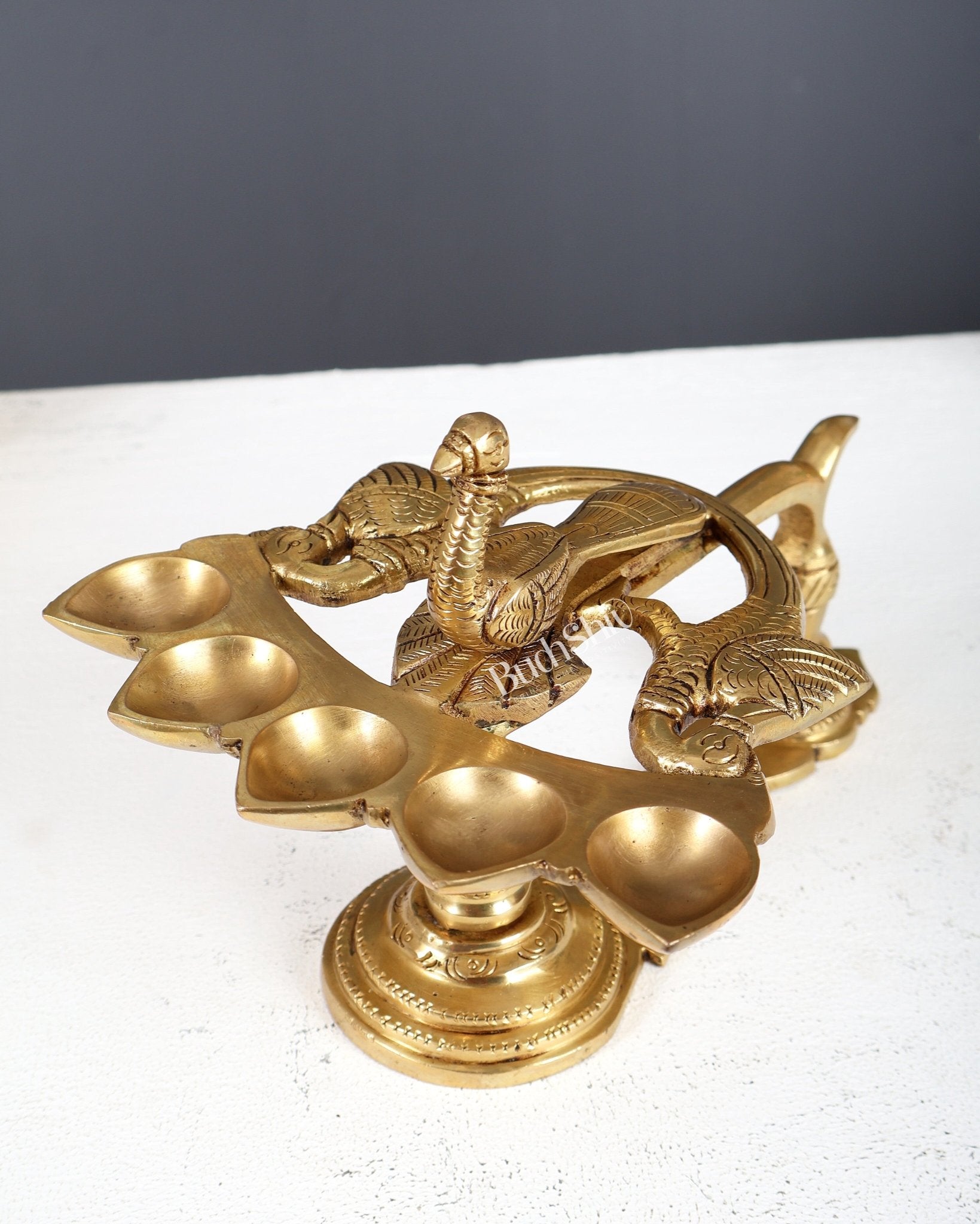 Brass Peacock Panchdeep Aarti Diya with Handle for Pooja | 5.5 x 8" - Budhshiv.com