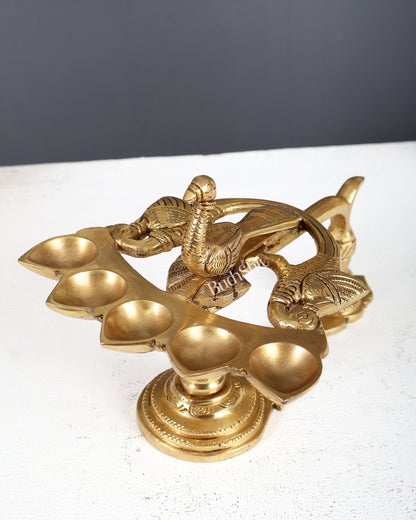 Brass Peacock Panchdeep Aarti Diya with Handle for Pooja | 5.5 x 8" - Budhshiv.com