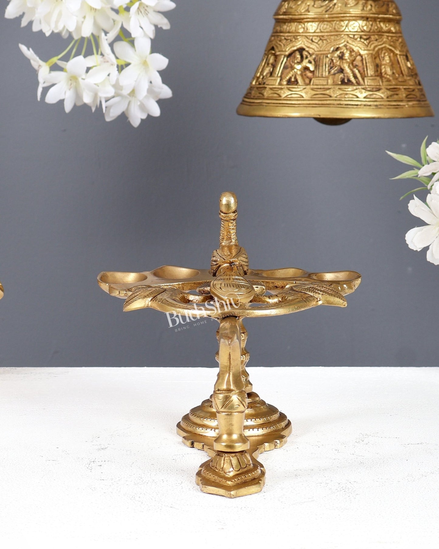 Brass Peacock Panchdeep Aarti Diya with Handle for Pooja | 5.5 x 8" - Budhshiv.com