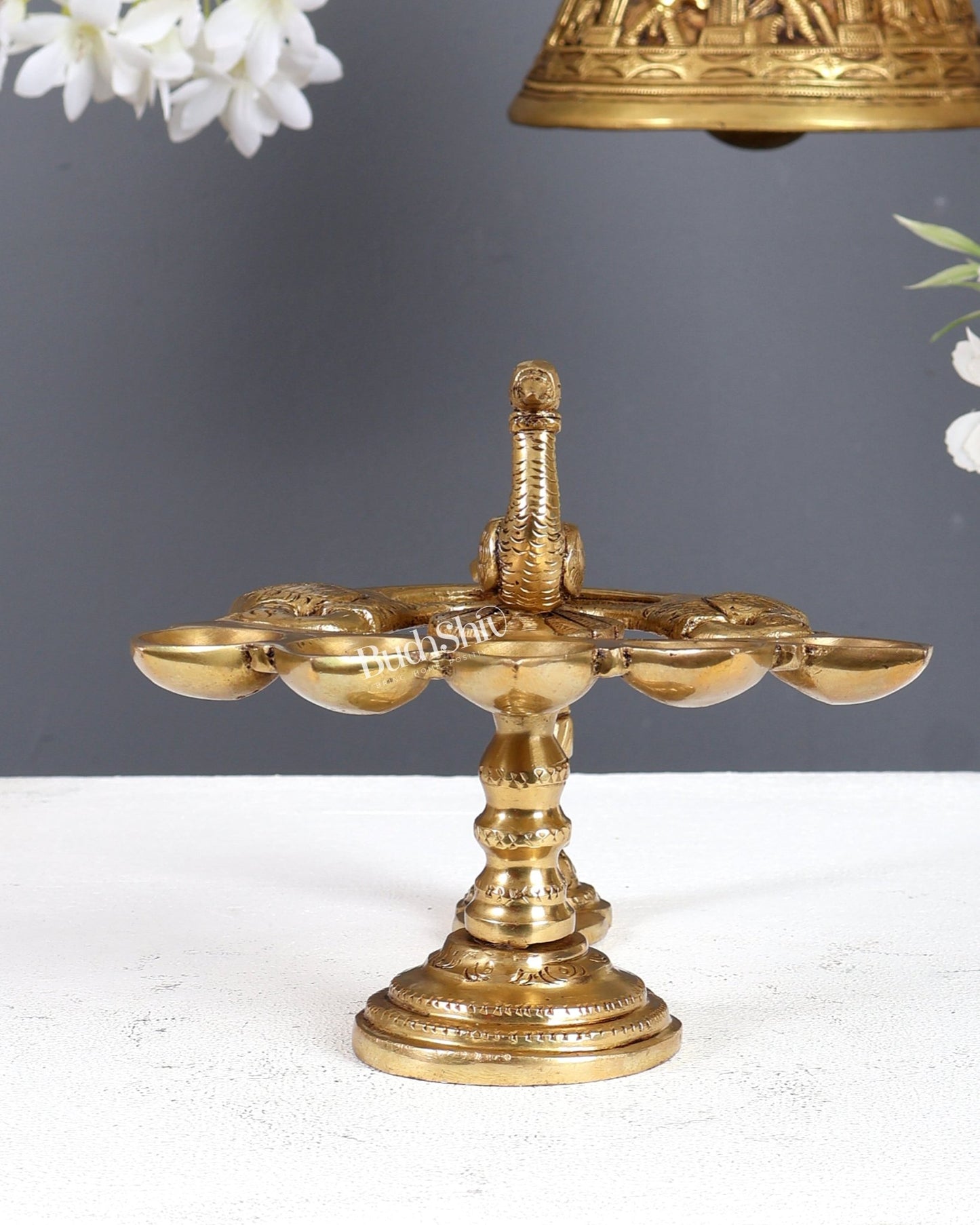 Brass Peacock Panchdeep Aarti Diya with Handle for Pooja | 5.5 x 8" - Budhshiv.com