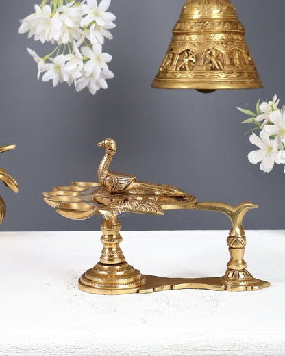 Brass Peacock Panchdeep Aarti Diya with Handle for Pooja | 5.5 x 8" - Budhshiv.com