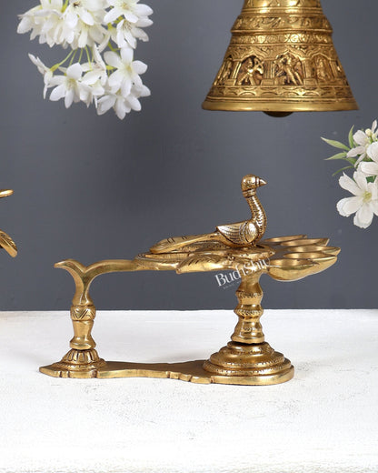 Brass Peacock Panchdeep Aarti Diya with Handle for Pooja | 5.5 x 8" - Budhshiv.com