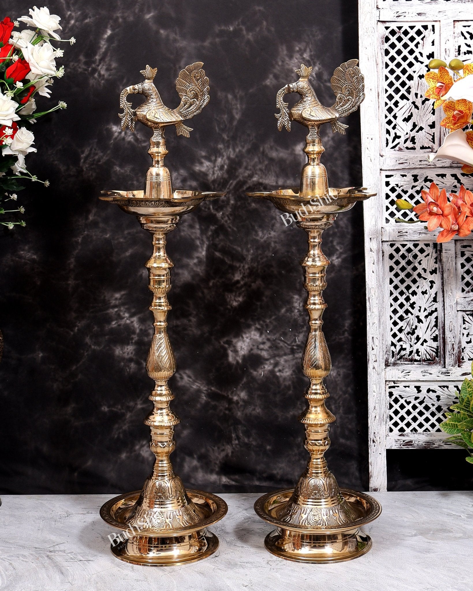 Brass Peacock Samai Inauguration Lamp heavy (Pair) 36.5 inch - Budhshiv.com
